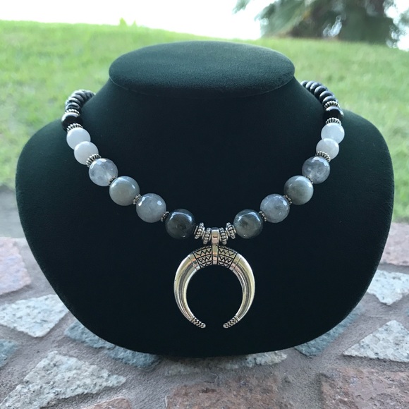 Boho quartz onyx bead chocker silver moon necklace - Picture 7 of 8